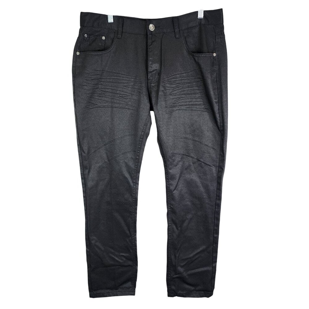 Mens Reset Denim Black Sheen Jeans Slim Cotton Polyester Blend Size 38x32